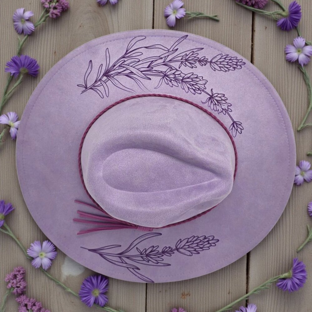 Lavender Vegan Suede Wide-Brim Hat – Laser Engraved Lavender Floral Design